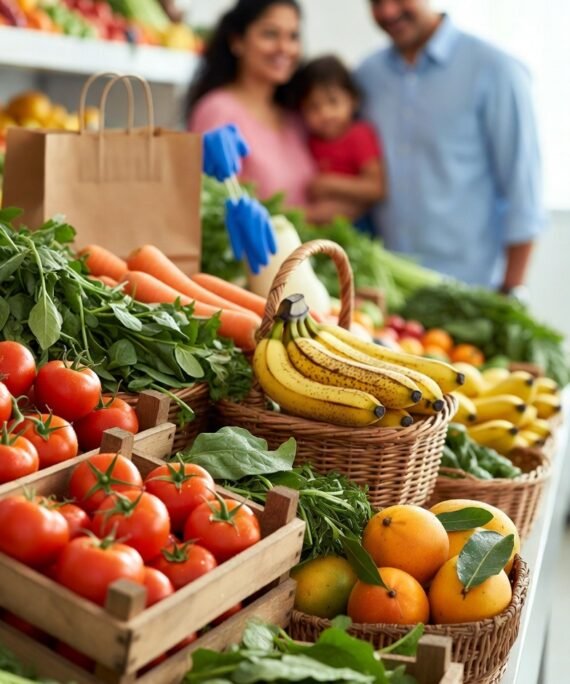 Why Choose Grocso - Fresh farm produce in wooden crates including tomatoes, greens, and fruits for quality grocery delivery in Faridabad