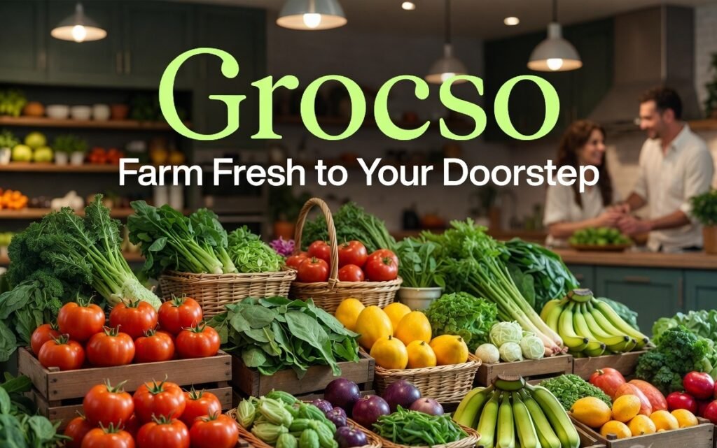Fresh farm produce including tomatoes, bananas, spinach and leafy greens in wooden crates for Grocso online grocery store in Faridabad. Farm fresh fruits and vegetables delivered to your doorstep.